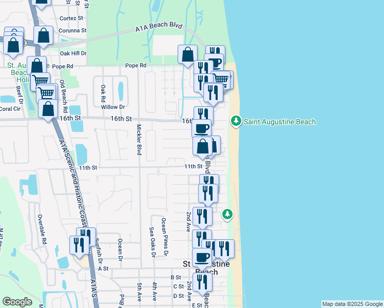 map of restaurants, bars, coffee shops, grocery stores, and more near 212 12th Street in St. Augustine
