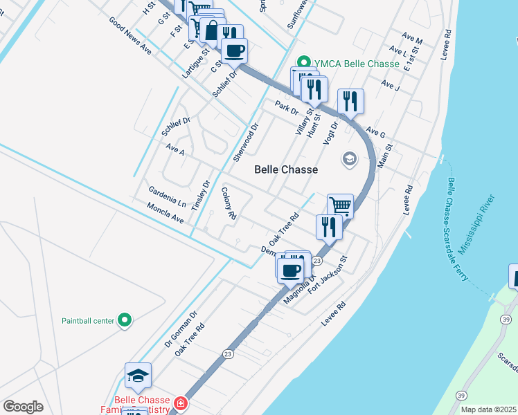 map of restaurants, bars, coffee shops, grocery stores, and more near 138 Colony Road in Belle Chasse