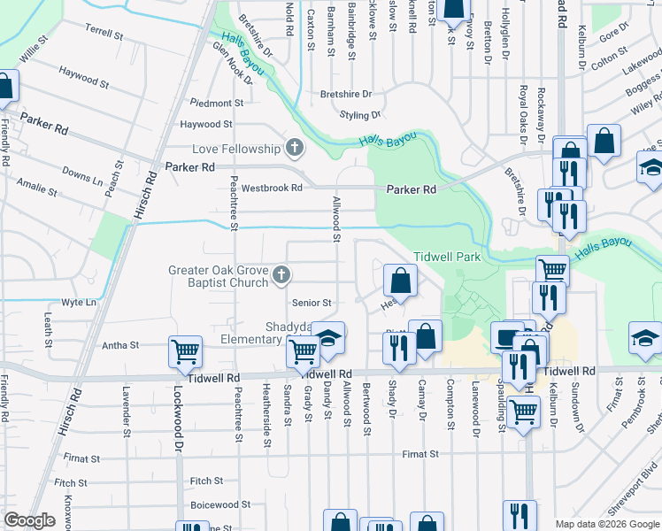 map of restaurants, bars, coffee shops, grocery stores, and more near 5914 Mayle Street in Houston