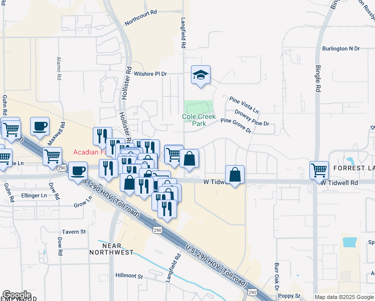 map of restaurants, bars, coffee shops, grocery stores, and more near 5862 Langfield Road in Houston