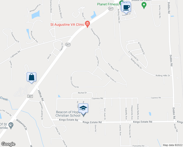 map of restaurants, bars, coffee shops, grocery stores, and more near 487 Deer Crossing Road in Saint Augustine