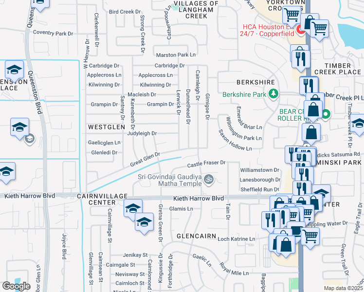 map of restaurants, bars, coffee shops, grocery stores, and more near 5102 Lerwick Drive in Houston