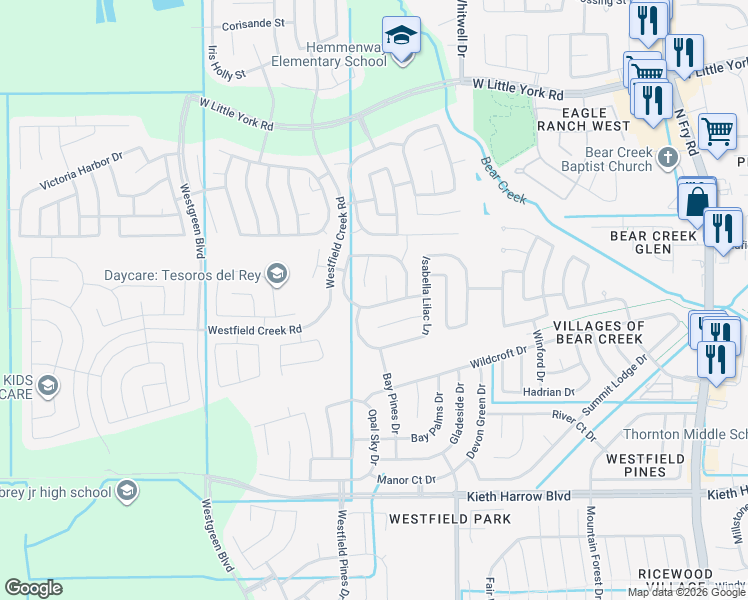 map of restaurants, bars, coffee shops, grocery stores, and more near 20610 Andorra Hills Lane in Katy