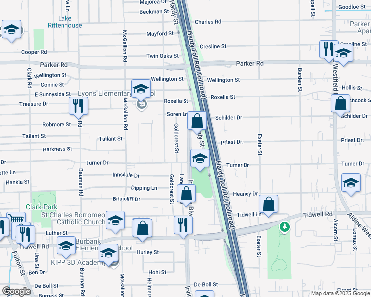 map of restaurants, bars, coffee shops, grocery stores, and more near 10125 Irvington Boulevard in Houston