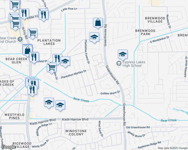 map of restaurants, bars, coffee shops, grocery stores, and more near 5544 Plantation Forest Drive in Katy