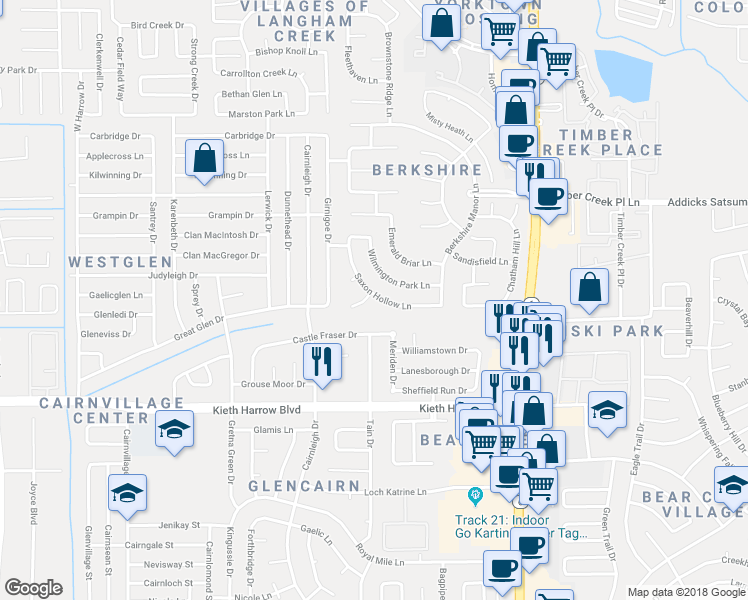 map of restaurants, bars, coffee shops, grocery stores, and more near 5130 Hillingworth Ct in Houston