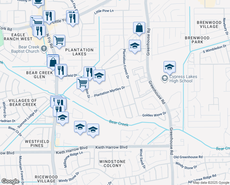 map of restaurants, bars, coffee shops, grocery stores, and more near 5554 Casa Martin Drive in Katy