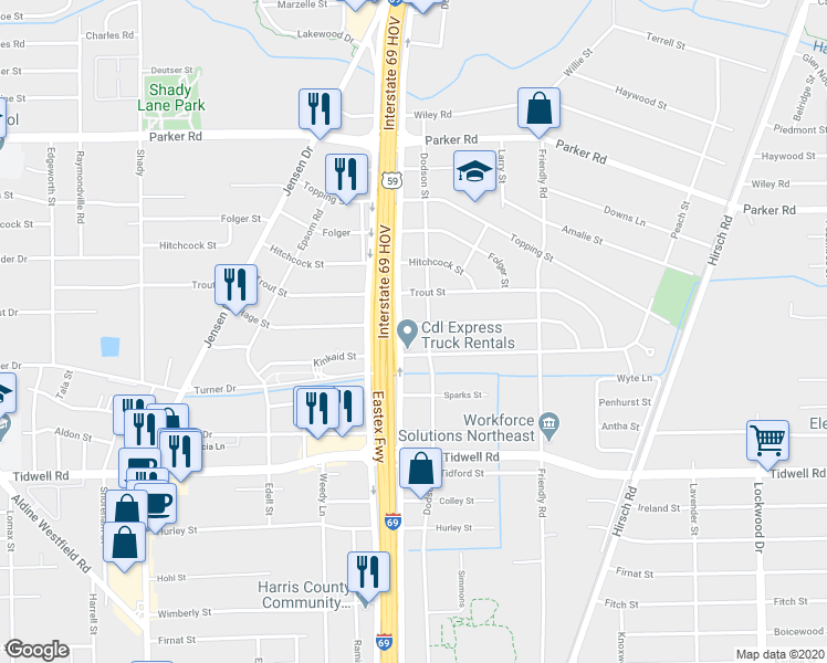 map of restaurants, bars, coffee shops, grocery stores, and more near 3618 Hage Street in Houston