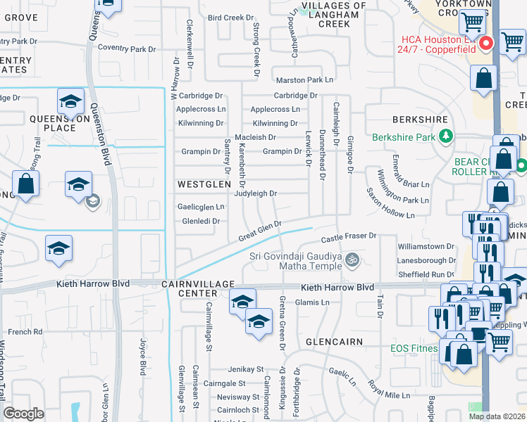 map of restaurants, bars, coffee shops, grocery stores, and more near 5122 Sprey Drive in Houston