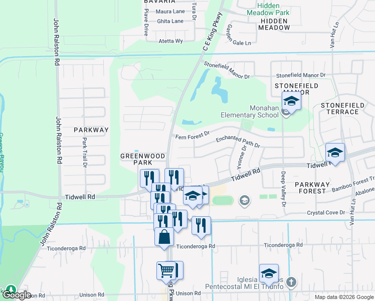 map of restaurants, bars, coffee shops, grocery stores, and more near 12422 Enchanted Path Drive in Houston