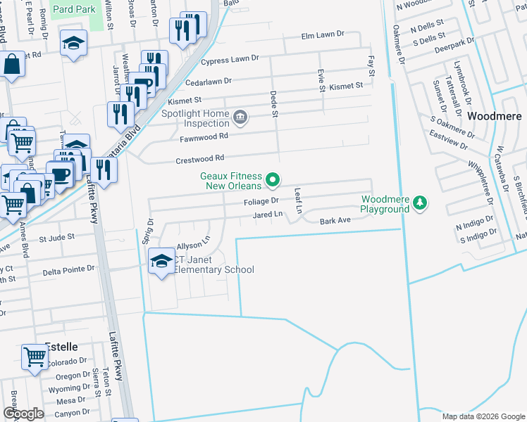 map of restaurants, bars, coffee shops, grocery stores, and more near 2649 Jared Lane in Marrero