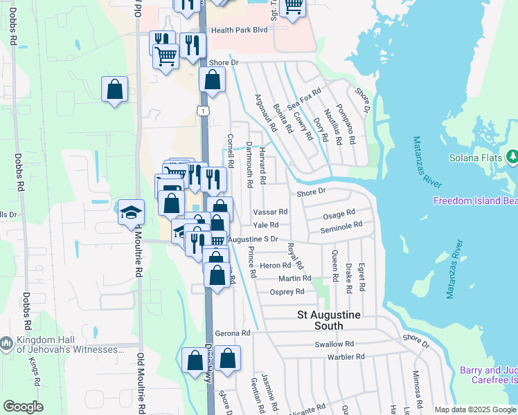 map of restaurants, bars, coffee shops, grocery stores, and more near 103 Vassar Road in St. Augustine