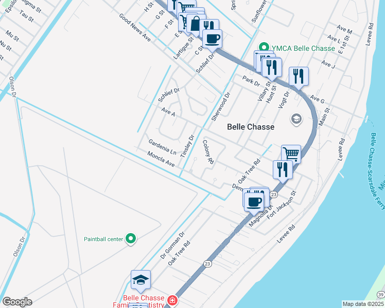 map of restaurants, bars, coffee shops, grocery stores, and more near 121 Downing Court in Belle Chasse
