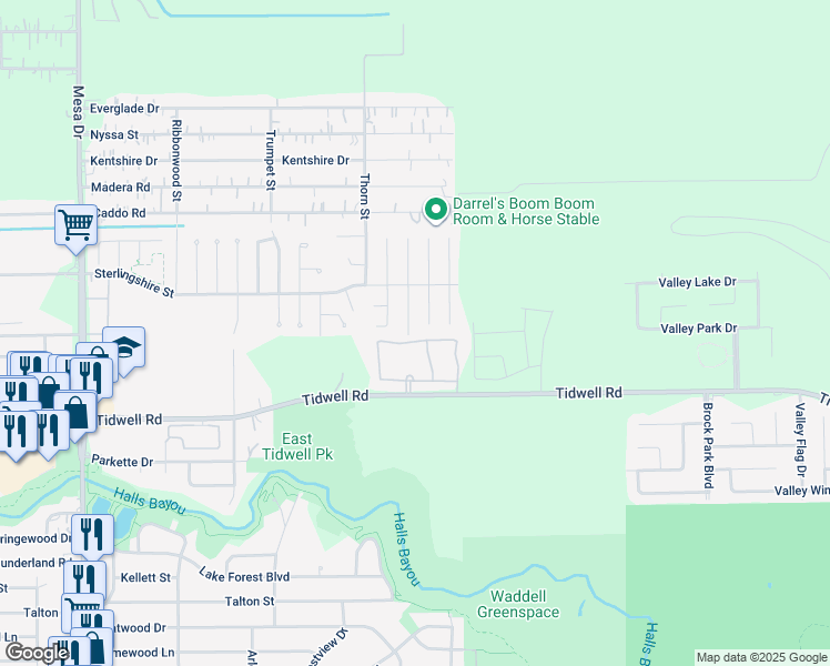 map of restaurants, bars, coffee shops, grocery stores, and more near 9702 Alcanterra Drive in Houston