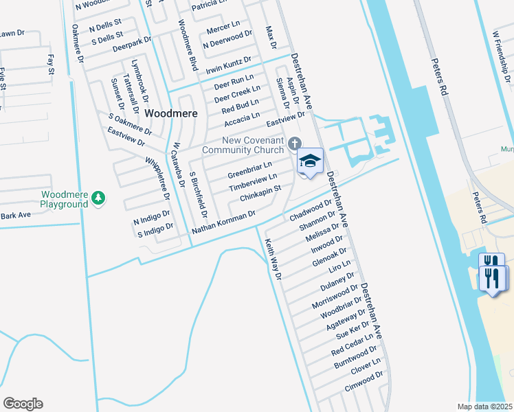 map of restaurants, bars, coffee shops, grocery stores, and more near 3844 Nathan Kornman Drive in Harvey