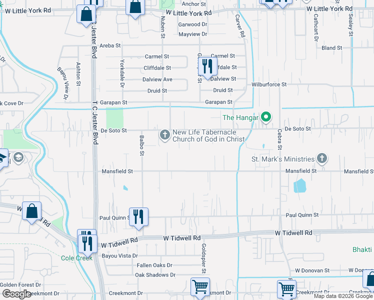 map of restaurants, bars, coffee shops, grocery stores, and more near 6101 Rollins Street in Houston
