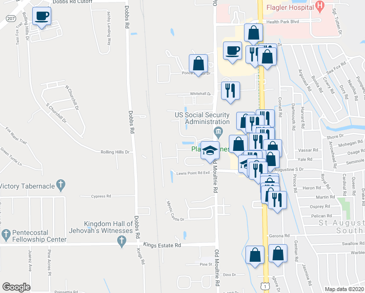 map of restaurants, bars, coffee shops, grocery stores, and more near 500 North Tree Garden Drive in St. Augustine