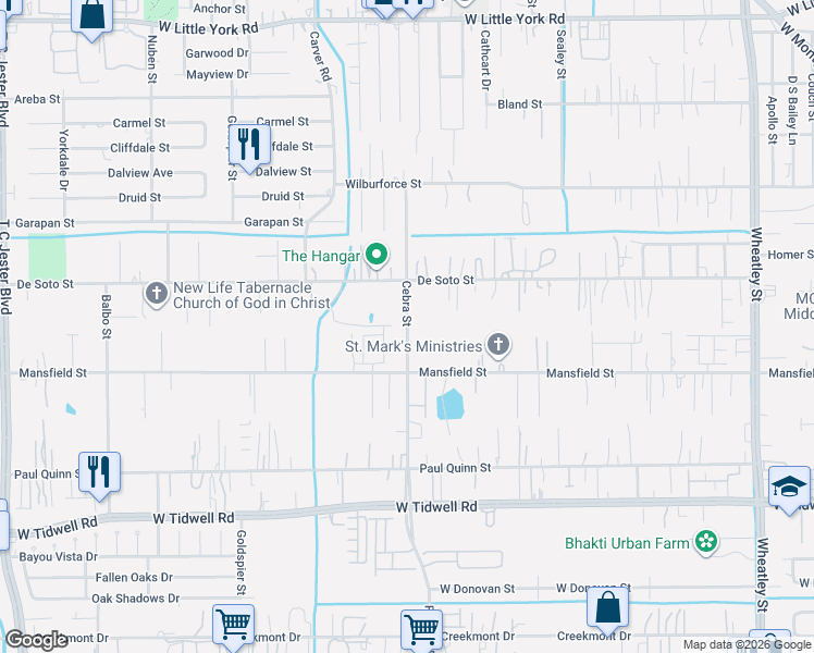 map of restaurants, bars, coffee shops, grocery stores, and more near 5922 Cebra Street in Houston
