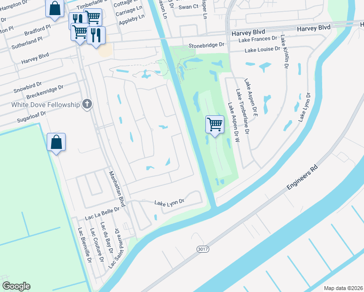 map of restaurants, bars, coffee shops, grocery stores, and more near 3812 Lake Providence Drive in Harvey