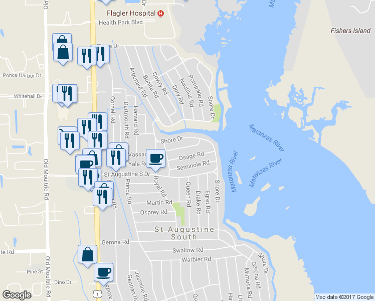 map of restaurants, bars, coffee shops, grocery stores, and more near 130 Mohegan Road in St. Augustine