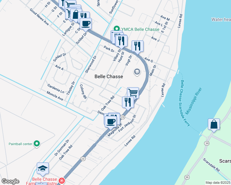 map of restaurants, bars, coffee shops, grocery stores, and more near 202 Avenue A in Belle Chasse
