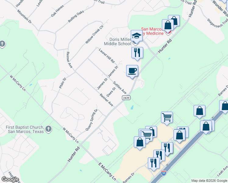 map of restaurants, bars, coffee shops, grocery stores, and more near 2701 Dees Street in San Marcos