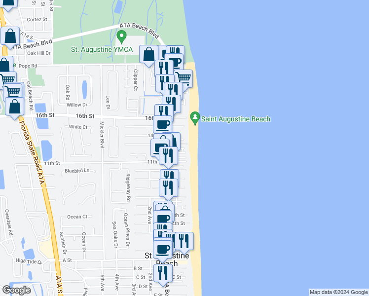 map of restaurants, bars, coffee shops, grocery stores, and more near 1 13th Lane in Saint Augustine Beach