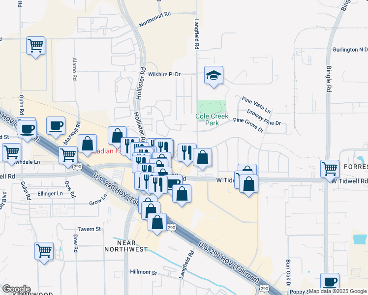 map of restaurants, bars, coffee shops, grocery stores, and more near 5800 Hollister Road in Houston