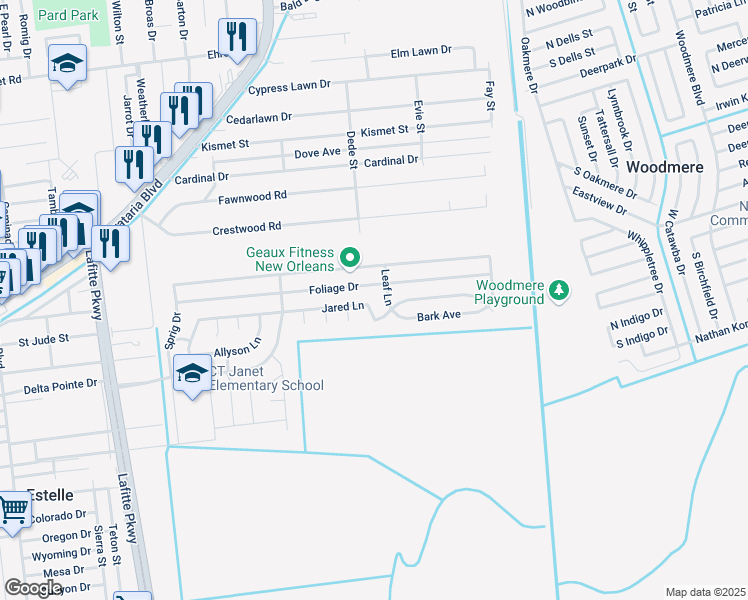 map of restaurants, bars, coffee shops, grocery stores, and more near 2681 Jared Lane in Marrero