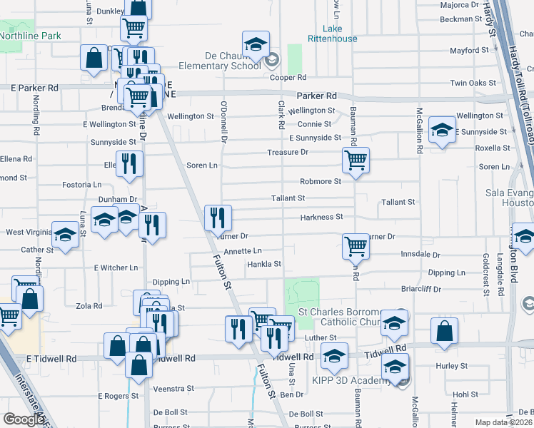map of restaurants, bars, coffee shops, grocery stores, and more near 163 Harkness Street in Houston