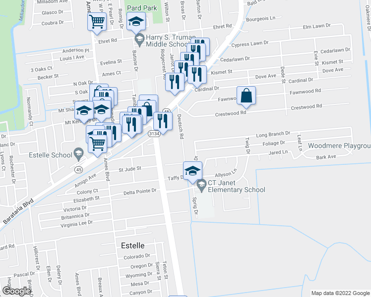 map of restaurants, bars, coffee shops, grocery stores, and more near 2601 Deutsch Road in Marrero