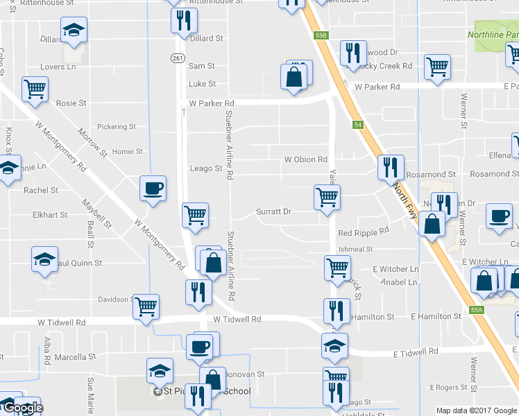 map of restaurants, bars, coffee shops, grocery stores, and more near 426 Surratt Drive in Houston