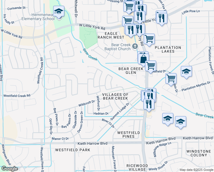 map of restaurants, bars, coffee shops, grocery stores, and more near 5606 Beaver Pass Lane in Katy