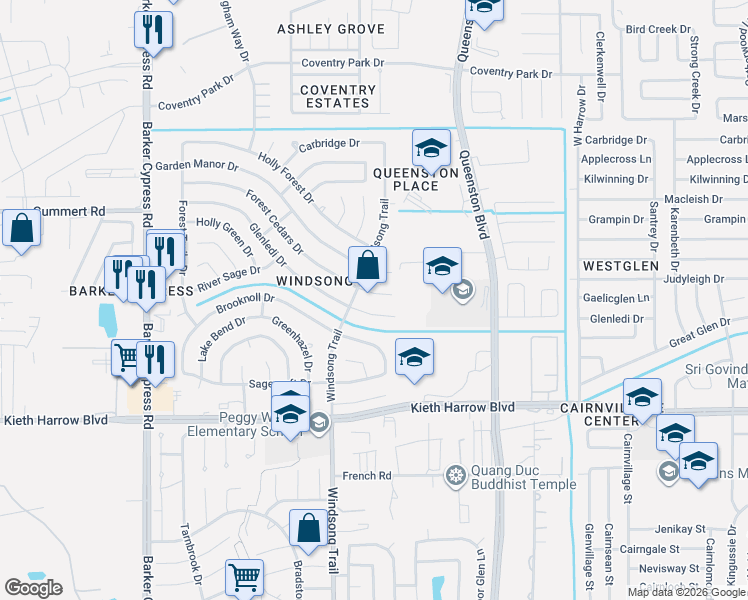 map of restaurants, bars, coffee shops, grocery stores, and more near 17907 Forest Cedars Drive in Houston