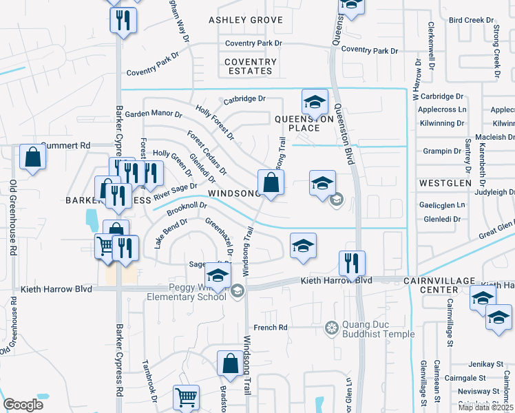 map of restaurants, bars, coffee shops, grocery stores, and more near 18002 Glenledi Drive in Houston