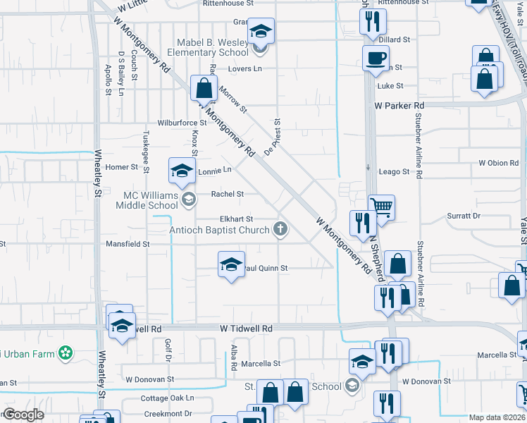 map of restaurants, bars, coffee shops, grocery stores, and more near 822 Elkhart Street in Houston