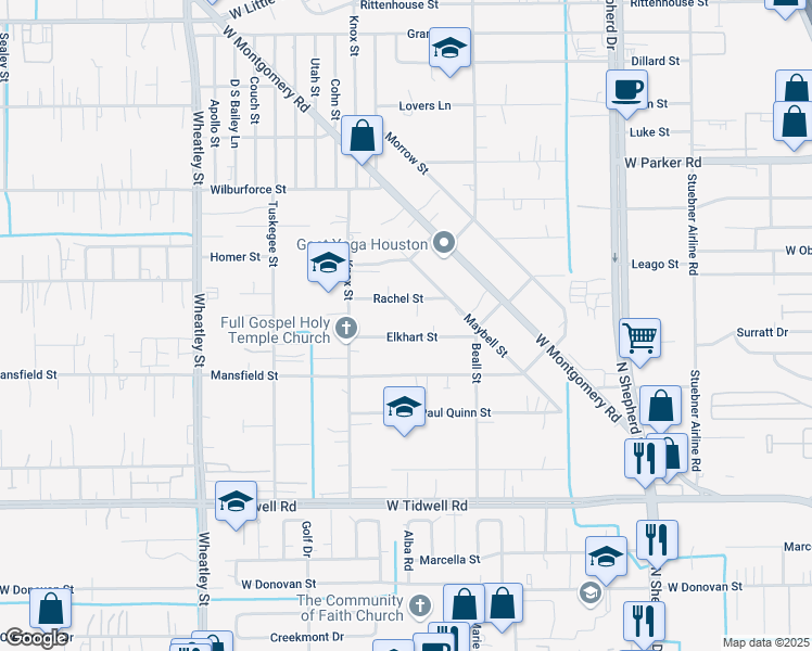 map of restaurants, bars, coffee shops, grocery stores, and more near 852 Elkhart Street in Houston