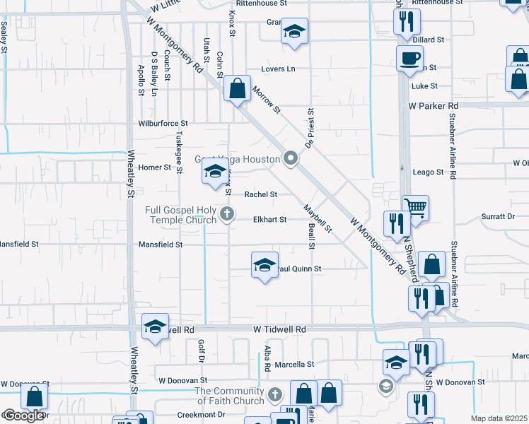 map of restaurants, bars, coffee shops, grocery stores, and more near 852 Elkhart Street in Houston