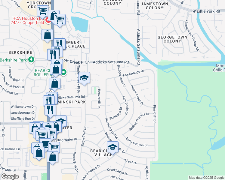 map of restaurants, bars, coffee shops, grocery stores, and more near 5226 Crystal Bay Drive in Houston
