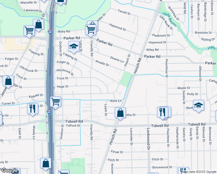 map of restaurants, bars, coffee shops, grocery stores, and more near 4127 Trout Street in Houston