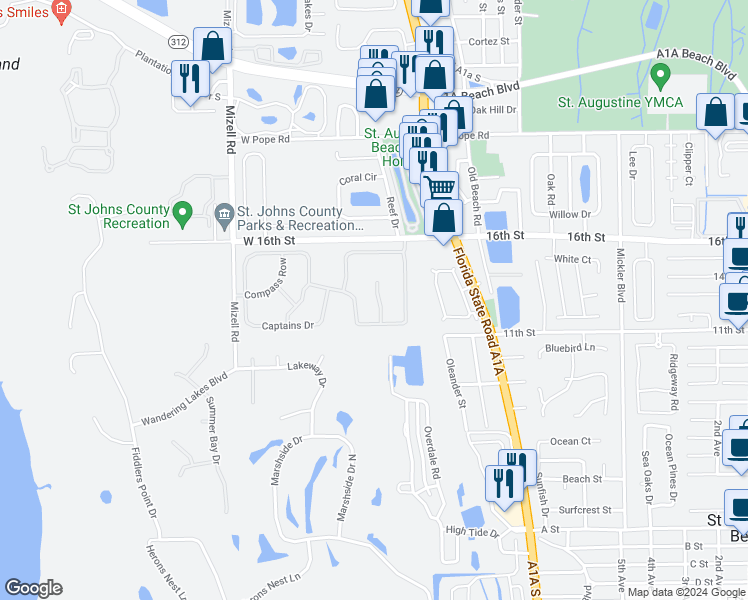 map of restaurants, bars, coffee shops, grocery stores, and more near 517 Peninsula Court in Saint Augustine
