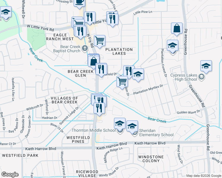 map of restaurants, bars, coffee shops, grocery stores, and more near 19754 Chandon Mist Drive in Katy