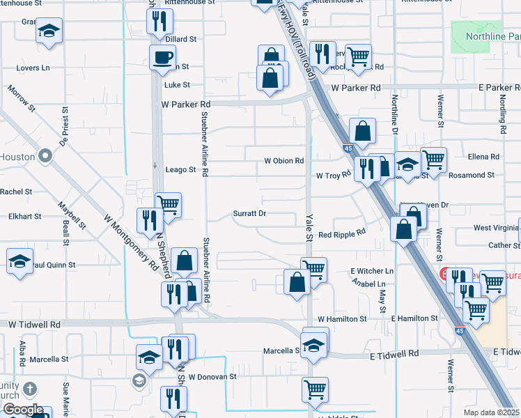 map of restaurants, bars, coffee shops, grocery stores, and more near 354 Surratt Drive in Houston