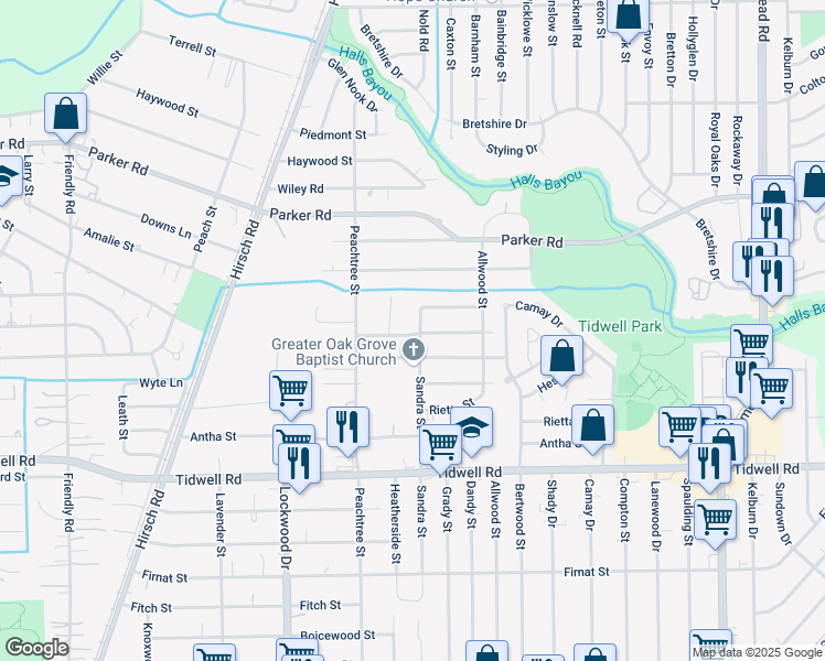 map of restaurants, bars, coffee shops, grocery stores, and more near 5655 Mayle Street in Houston