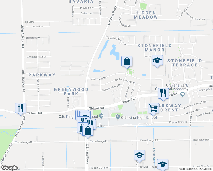 map of restaurants, bars, coffee shops, grocery stores, and more near 12518 Enchanted Path Drive in Houston