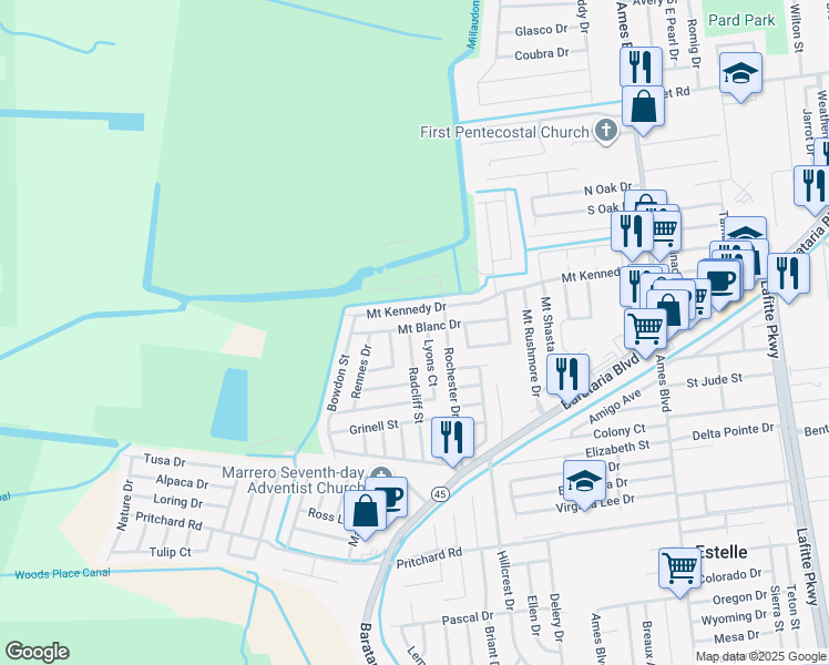 map of restaurants, bars, coffee shops, grocery stores, and more near 3017 Mount Blanc Drive in Marrero