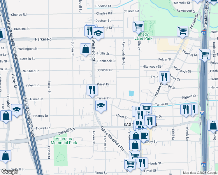map of restaurants, bars, coffee shops, grocery stores, and more near 2418 Priest Drive in Houston