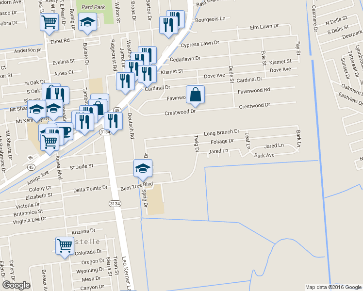 map of restaurants, bars, coffee shops, grocery stores, and more near 2566 Foliage Drive in Marrero