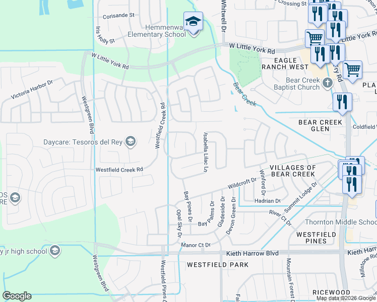 map of restaurants, bars, coffee shops, grocery stores, and more near 20610 Andorra Hills Lane in Katy