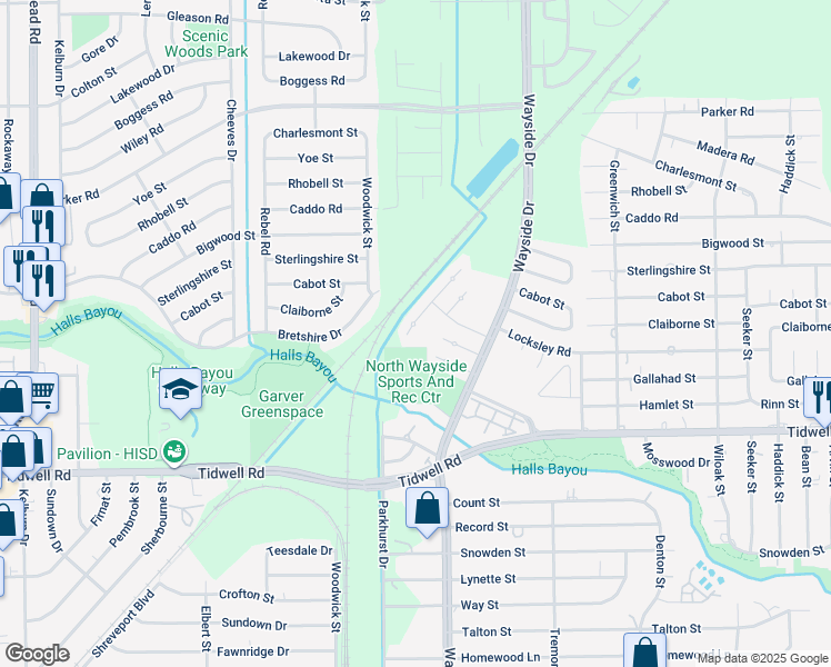 map of restaurants, bars, coffee shops, grocery stores, and more near 9606 Galaxy Street in Houston